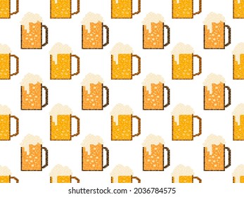 Pixel beer seamless pattern. Glass of beer pixel art. 8 bit mug, pixel drinks. Graphic style of video games from the 90s. Design for games, wrapping and advertising. Vector illustration