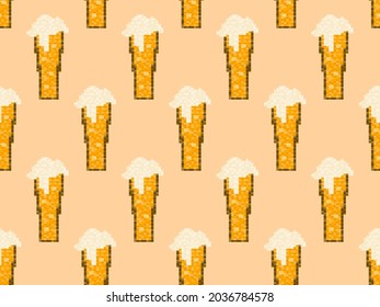 Pixel beer seamless pattern. Glass of beer pixel art. 8 bit mug, pixel drinks. Graphic style of video games from the 90s. Design for games, wrapping and advertising. Vector illustration