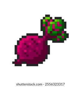 Pixel beetroot isolated on transparent background. Pixelated badge, game asset or computer arcade item. Beet icon. Vector pixel art illustration in 16 bit old style.