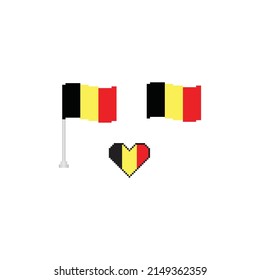 pixel Belgium  flag, vector Belgium heart and wave  flag on a pole set. Pixel design for 8 bit games  