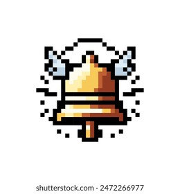 Pixel bell icon with wings. Vector illustration of a golden bell. 8 bit bell. Arcade game symbol, web icon.