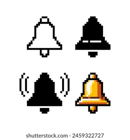 Pixel bell. Set of bell pixel icons. 8 bit bell sign. Arcade game symbol.