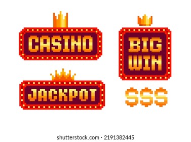 Pixel Big Win y el signo del Casino. Cartel del bote con corona. Pixel Art Gambling signs and iconos set in retro video game style. Juego de mesa en 80 - 90 estilo retro. Iconos de juego de 8 bits ilustración vectorial