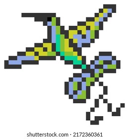 Pixel bird hummingbirds. Vector illustration. Mosaic, embroidery, stained glass.