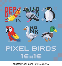 Pixel birds set 16x16. 6 birds.