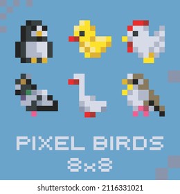 Pixel birds set 8x8. 6 little birds.