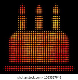 Pixel birthday cake icon. Bright pictogram in hot color hues on a black background. Vector halftone pattern of birthday cake icon designed with round pixels.