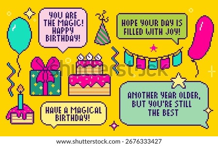 Pixel birthday party set with wrapped gift, balloons and cake with candle, festive bunting for retro celebrations. Speech bubbles with greetings on yellow background for congratulation cards.
