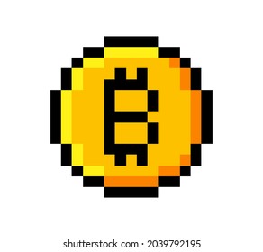 Pixel bitcoin, cryptocurrency, blockchain, gold coin. Vector isolations backround
