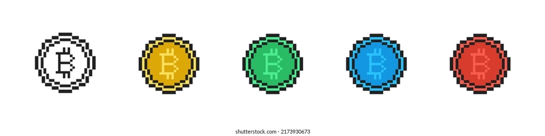 Pixel Bitcoin icon set. Crypto currency symbols. Bitcoin in pixel style. Vector isolated illustration. 