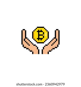 pixel bitcoin  icon.  Vector pixel art hand holding bitcoin money 8 bit game logo for company 
