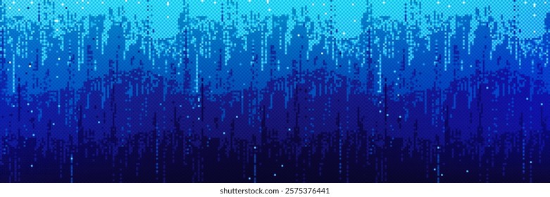 Pixel bitmap pattern with blue gradient shade. Vertical pixelated streaks cascade downward. Digital rain effect with scattered luminous dots. Cyberpunk game background. Retro 8 bit videogame effect.