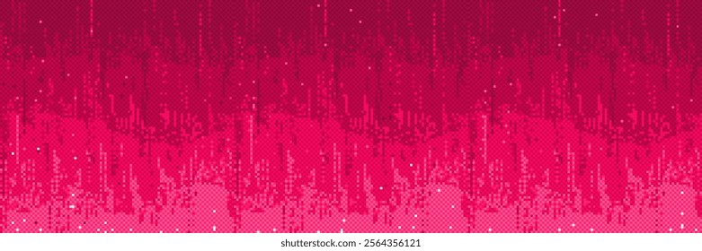 Pixel bitmap pattern with vertical stripes, light dots and noise effect in pink shades. Decorative element for retro gaming background. Digital art effect of noise vintage semitone wavy texture.