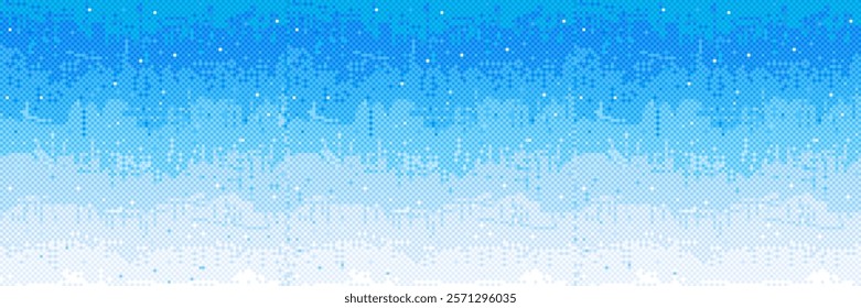 Pixel bitmap pattern, white blue gradient shade. Vertical pixelated streaks cascade downward. Digital rain effect with scattered luminous dots. Cyberpunk game background. Retro 8 bit videogame effect