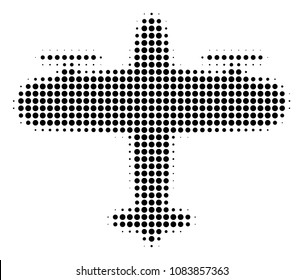 Pixel black aircraft icon. Vector halftone pattern of aircraft pictogram combined from spheric pixels.