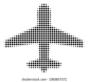 Pixel black airplane icon. Vector halftone concept of airplane icon made from spheric dots.