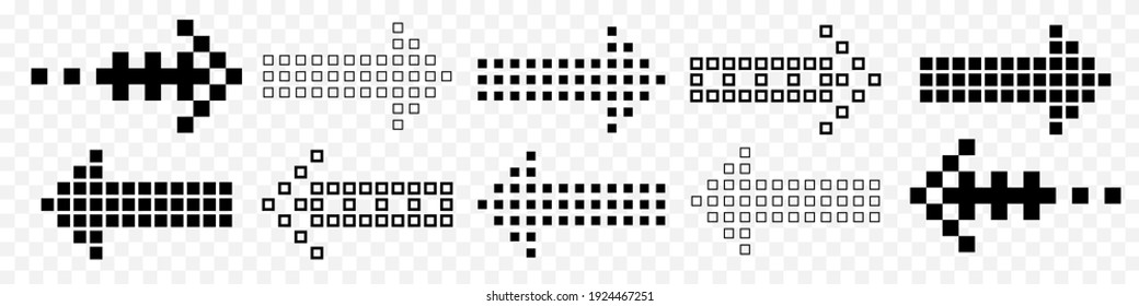 Las flechas negras de Pixel aisladas. Punteros digitales desde cuadrados llenos y vacíos de varias formas y direcciones vectoriales.