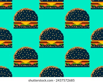 Pixel black burger seamless pattern. 8-bit cheeseburger with two patties and cheese. Cheeseburger with two cutlets, cheese and sauces in pixel art style. Fast food wallpaper. Vector illustration