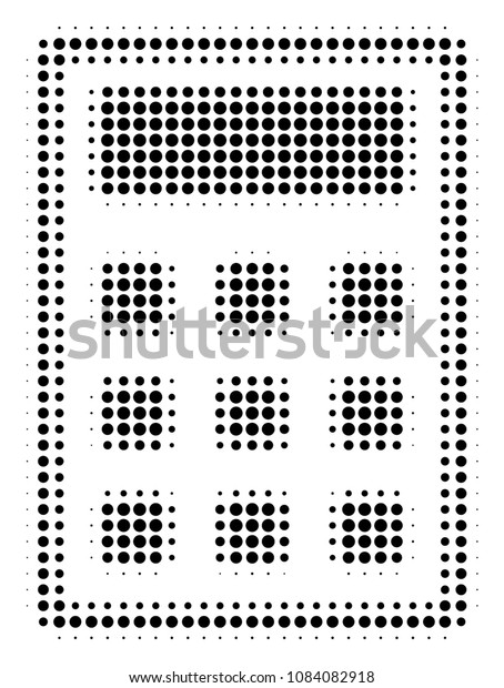 Pixel black calculator\
icon. Vector halftone mosaic of calculator icon designed from\
circle elements.