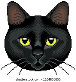 Pixel black cat face detailed isolated vector