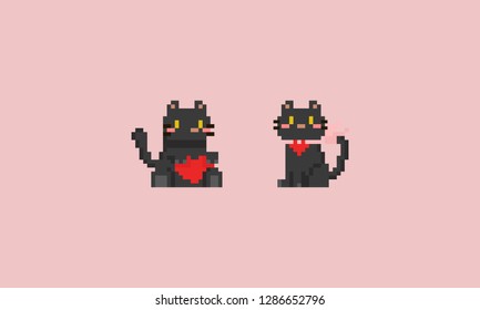 Pixel black cat with red heart.Valentine.8bit animal.