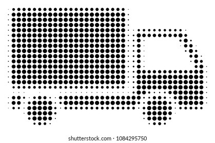 Pixel black delivery lorry icon. Vector halftone pattern of delivery lorry symbol created from round items.