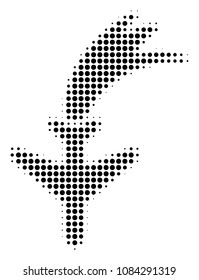 Pixel black falling airplane icon. Vector halftone pattern of falling airplane icon designed of circle elements.