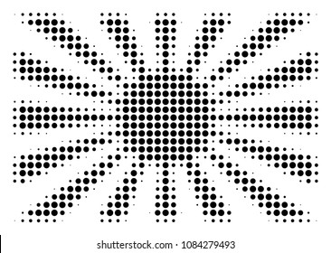 Pixel black Japanese rising sun icon. Vector halftone collage of Japanese rising sun symbol made of spheric points.