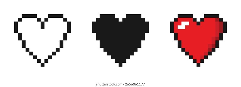 Pixel black and red hearts vector icons set. A collection of symbols for video games, apps, logos. The sign of love, romance, life, health, valentine. Isolated on a white background.