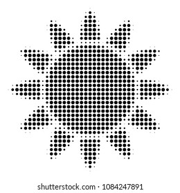 Pixel black sun icon. Vector halftone pattern of sun symbol organized of circle elements.