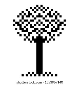 Pixel black tree silhouette isolated on white background.
