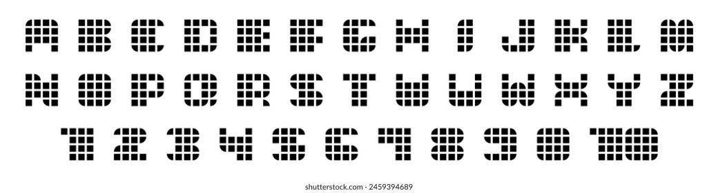 Pixel block alphabet font. Led display font. Digital scoreboard alphabet letters. Vector illustration isolated on white background.