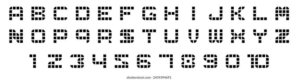 Pixel block alphabet font. Led display font. Digital scoreboard alphabet letters. Vector illustration isolated on white background.