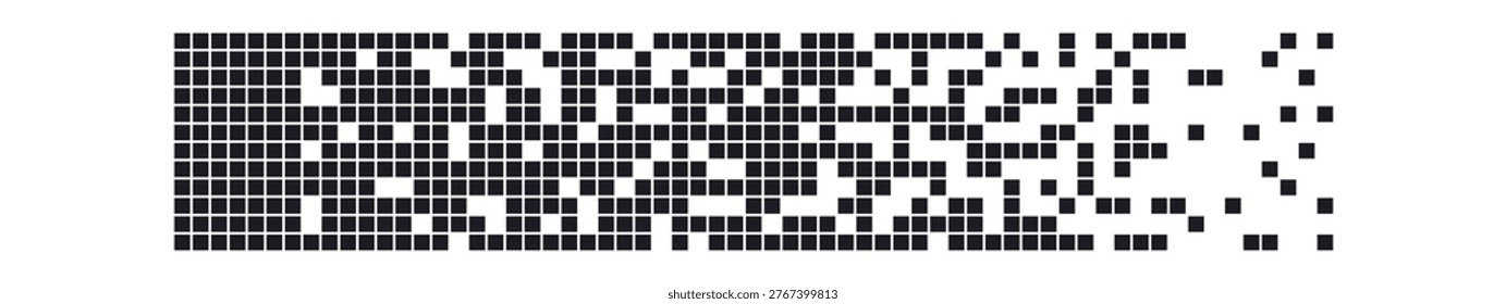 Pixel block grid dissolving into scattered squares with fading right edge and clean negative space. Symbol of breakdown, glitch, transition, and data erosion. Cartoon vector illustration.