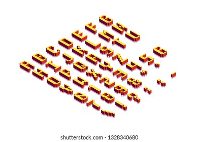 Pixel Blocky Isometric Latin Font. Letters, Numbers and Symbols