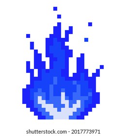 Icono de la hoguera de plasma de combustión azul Pixel. Fuego de llamas con llama de núcleo brillante luego de una fuerte explosión con chispas vectoriales voladoras.