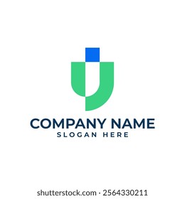 a pixel in blue color, a shield in negative space and the letter J in geometric and minimalist logo style