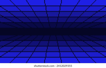 Pixel blue cyber perspective mesh tunnel background. Pixelated digital tile corridor with techno grid lines and endless futuristic surface in 80s electronic style with simple vector design