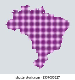 Pixel blue dot map on gray background of map of Brazil symbol for your web site design map logo. Purple map of South America. app, ui, Travel vector eps10, concept Illustration