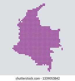 Pixel blue dot map on gray background of map of Colombia symbol for your web site design map logo. Purple map of South America. app, ui, Travel vector eps10, concept Illustration