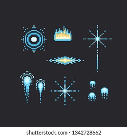 Pixel blue firework set.8bit summer elements.