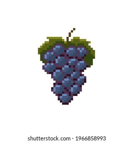 Pixel blue grapes illustration. Vector pixel art bunch of grapes. 8 bit retro game style fruit grapes icon. Pixel fruit isolated icon.