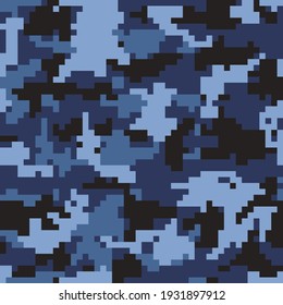 Pixel blue military camouflage, digital models, fashion print. EPS 10