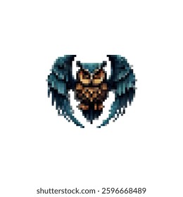 Pixel blue owl icon vector. Mystical owl with wings icon. Owl logo in retro style. Owl wings vintage icon vector. Symbol of silence vector. Magical owls logo.