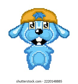 Pixel blue rabbit. Pixel icon. Cartoon beautiful bunny with hat.