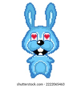 Pixel blue rabbit. Pixel icon. Cartoon beautiful bunny. Bunny in love.