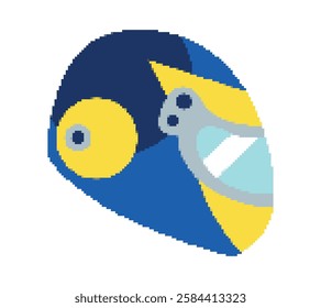 Pixel blue Racer Helmet. Racing head protection Side view. 80-bit gaming image style. Visor with yellow element. Formula 1 sports car Driver Head. Motorsport retro. Isolated. Color vector illustration