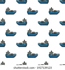 Pixel blue ships isolated on white background. Cute seamless pattern. Side view. Vector flat graphic illustration. Texture.