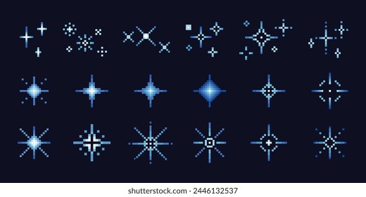 Estrellas azules de píxel. Juego de 8 bits Elementos pixelados mágicos de brillo para el cielo nocturno de fondo. Pixels abstractos cómicos de luz y brillo. Icono retro estrella para el diseño. Juego de Vectores. Iconos brillantes de galaxias