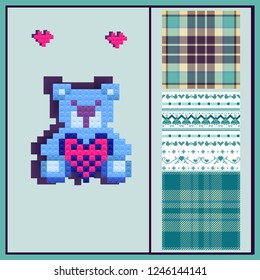Pixel blue teddy bear from plastic parts with heart and plaid,  winter pixel motives seamless backgrounds. pink and blue colors. Ideal for Valentines Days greeting card
